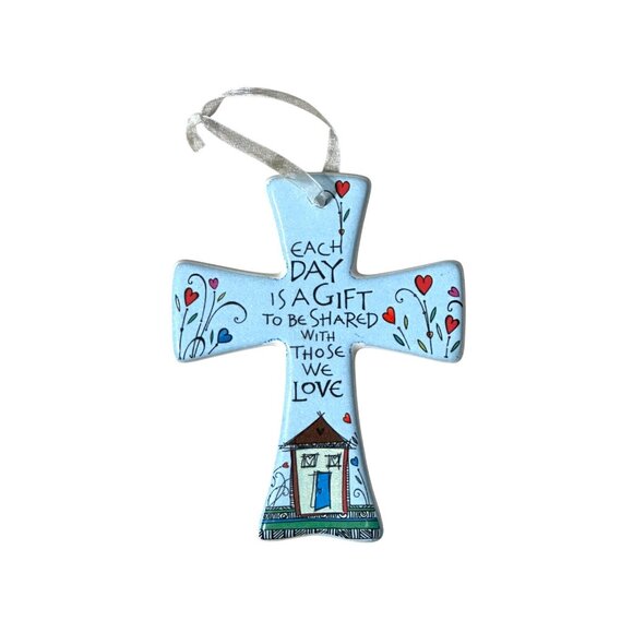 Ceramic Cross Ornament With Quote, Ribbon Christian Gift Home Decor Wall Hanging - Picture 1 of 5